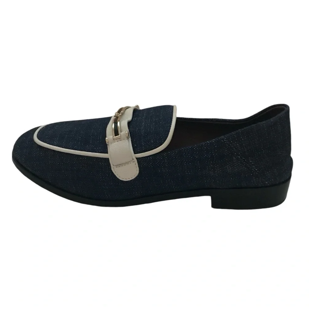 Newbark Melanie White Leather Trimmed Dark Navy Denim Loafers Size 7